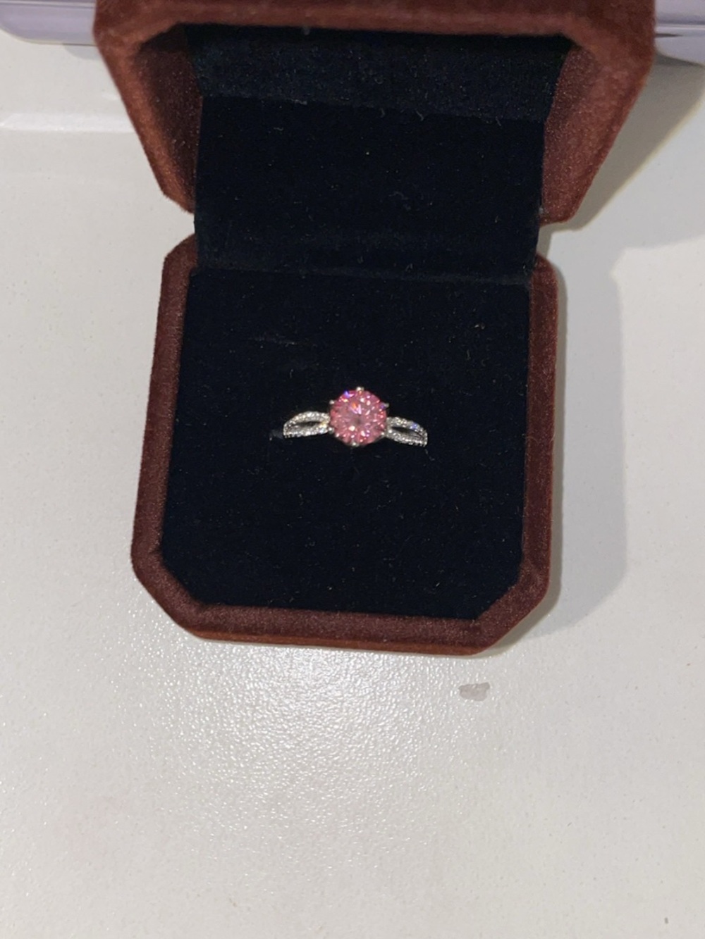 Tested White gold plated Pink moissanite diamond Stone Split Shank Ring